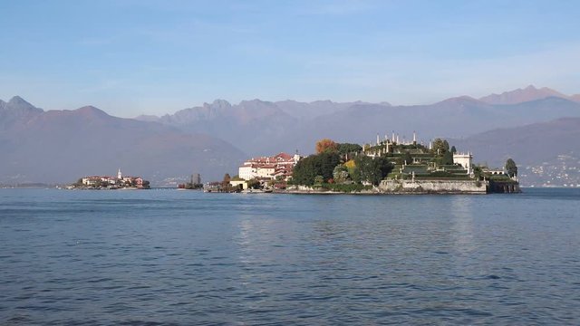 View to Isola Bella and Isola Pescatori in fall at Lake Maggiore, Piedmont Italy 