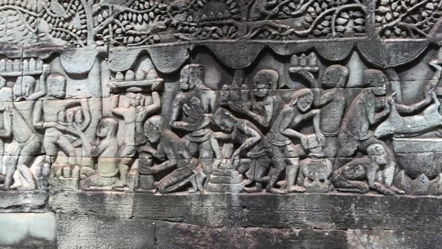 Carved Stone images on Bayon Temple, Siem reap, Cambodia