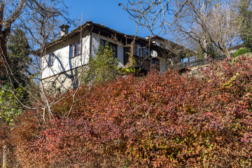 Autumn bushesh and old house in village of Bozhentsi, Gabrovo region, Bulgaria