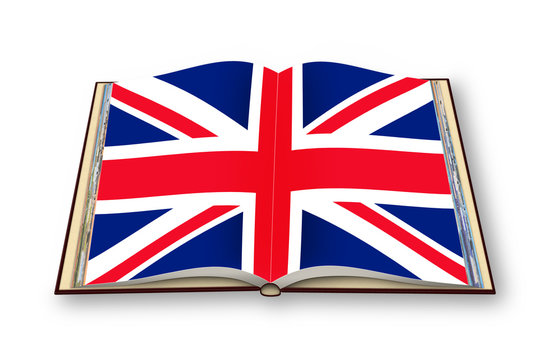 Opened photobook on white background with English flag