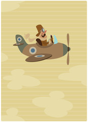 Cartoon retro pilot aviator on his vintage airplane on flight