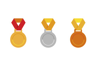 Set of medals icons; Gold medal icon; Silver medal icon; Bronze medal icon; sport award; sports victory emblem; vector illustration isolated on white; Summer Olympic games in Rio de Janeiro 2016