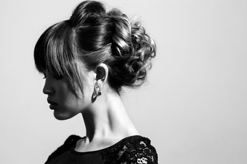 Gorgeous bride hairdo profile view black and white