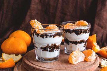 Whipped cottage cheese mousse with dark chocolate and mandarin