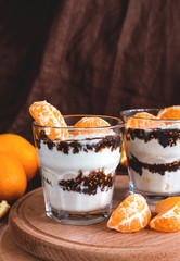 Whipped cottage cheese mousse with dark chocolate and mandarin