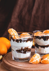 Whipped cottage cheese mousse with dark chocolate and mandarin