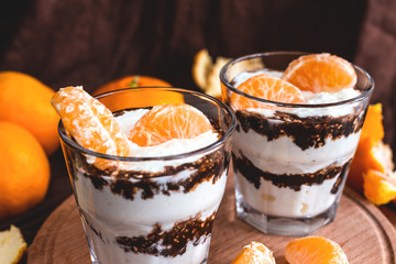 Whipped cottage cheese mousse with dark chocolate and mandarin