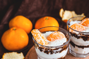 Whipped cottage cheese mousse with dark chocolate and mandarin