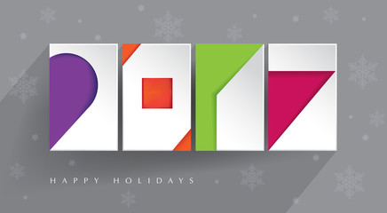 Colorful, contemporary design. Four color blocks with white paper 2017 cut-outs on gray background with long shadow. Happy Holidays. New 2017 year. Illustration. 