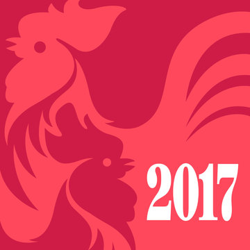 Happy new year concept. Two red roosters. Chinese symbol of 2017. Greeting card.