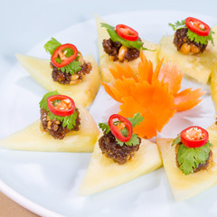 Fruits with Sweet and Savory Peanuts Sauce, authentic snack Thai Food