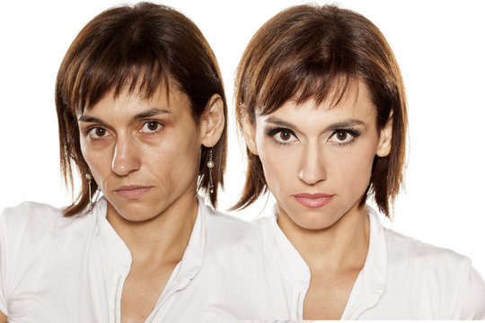 Comparative portrait of middle-aged woman without and witht makeup