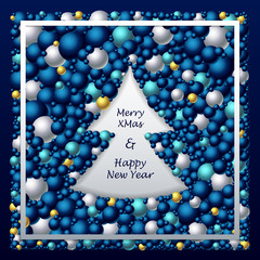 Frame in Christmas Tree form from balls in dark blue silver gold
