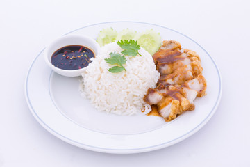 Steamed rice with crispy roast pork