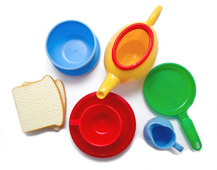 Set of kids dishes isolated on white
