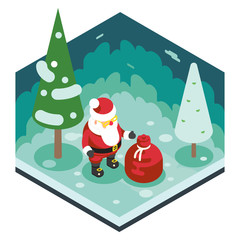 Christmas Santa Claus Grandfather Frost Gift Bag New Year Forest Wood Background Isometric 3d Flat Design Icon Template Vector Illustration