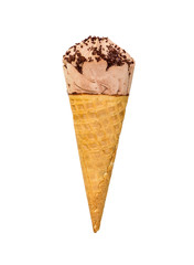 Chocolate ice cream with chocolate decoration in waffle cone