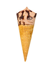 Chocolate ice cream with chocolate decoration in waffle cone