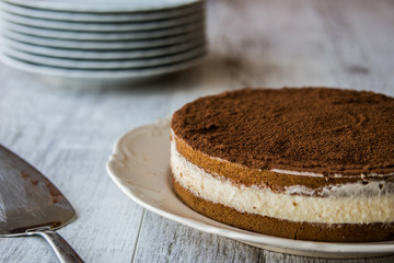 Homemade Tiramisu Cake on a white wooden surface.