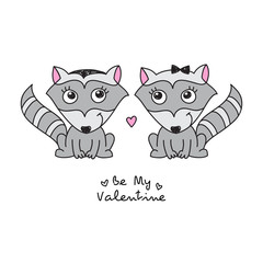 vector hand drawn raccoons couple, greeting card for valentines day