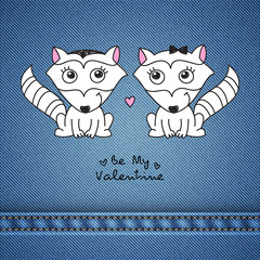vector hand drawn raccoons couple, greeting card for valentines day