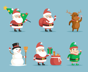 Obraz na płótnie Canvas Elf Deer Snowman Santa Claus Cartoon Characters Christmas New Year Icons Set Flat Design Vector Illustration