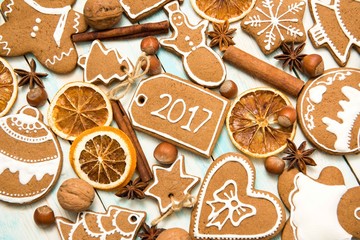 Holidays Christmas and new year. Set the gingerbread on a light wooden background