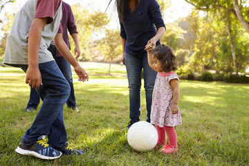 Young mixed race family playing with ball in a park, crop