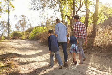 Obraz premium Young white family walking on a path in sunlight, back view