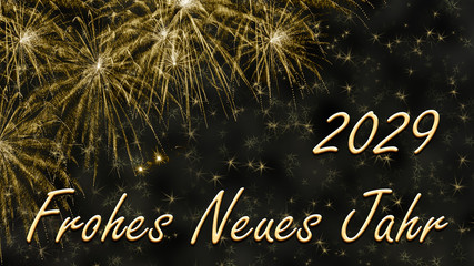 Silvesterkarte  "Frohes neues Jahr 2029" mit goldenem Feuerwerk 