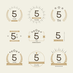Five years anniversary celebration logotype. 5th anniversary logo set.