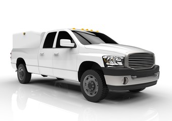 White commercial vehicle delivery truck with a double cab and a van. Machine without insignia with a clean empty body to accommodate your logos and labels. © whitecityrecords