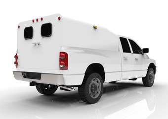 White commercial vehicle delivery truck with a double cab and a van. Machine without insignia with a clean empty body to accommodate your logos and labels. © whitecityrecords