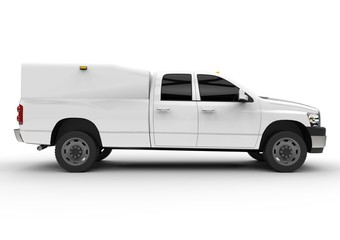 White commercial vehicle delivery truck with a double cab and a van. Machine without insignia with a clean empty body to accommodate your logos and labels. © whitecityrecords