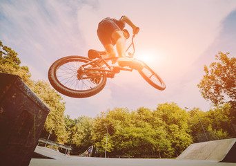 Boy jumping with his bmx in the park.
