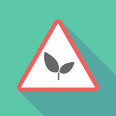 Long shadow triangular warning sign icon with a plant