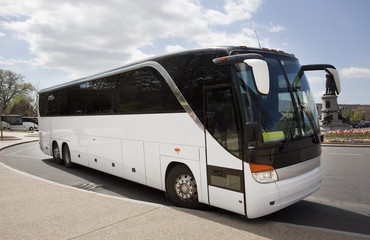 Parked White Tour Bus