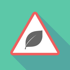 Long shadow triangular warning sign icon with a leaf