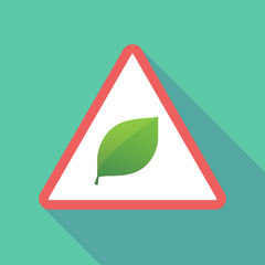 Long shadow triangular warning sign icon with a green  leaf