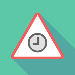 Long shadow triangular warning sign icon with a clock