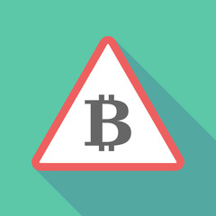 Long shadow triangular warning sign icon with a bit coin sign