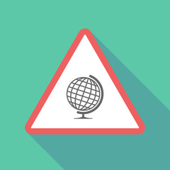 Long shadow triangular warning sign icon with  a table world glo
