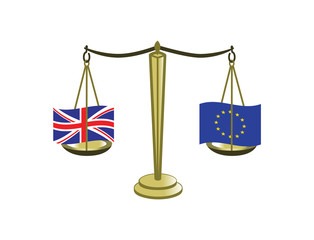 Vector image of justice scales balancing the UK and the EU flag