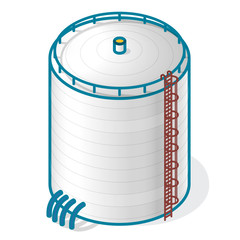 Tank for storing water, gas, oil, oxygen and other solid fuels. Part of wastewater treatment plant, WWTP. Isometric vector symbol for water management, gasometer or deal with fuel and drinking water.