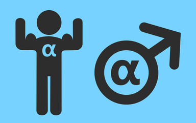 Alpha male - Vector pictogram of male with strong biceps and gender symbol with alpha letter. Dominant and attractive man in good physical shape 