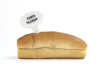 Dietary warning or gluten/wheat allergy warning (Fresh bread rolls with Tasty Gluten tag - easy to remove text, on white background)