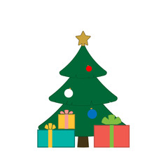 Christmas tree with balls, star, gift. Cartoon icon. Green silhouette decoration sign, isolated on white background. Flat design. Symbol holiday, Christmas, New Year celebration Vector illustration