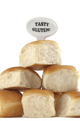 Dietary warning or gluten/wheat allergy warning (Fresh bread rolls with Tasty Gluten tag - easy to remove text, on white background)
