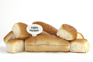 Dietary warning or gluten/wheat allergy warning (Fresh bread rolls with Tasty Gluten tag - easy to remove text, on white background)