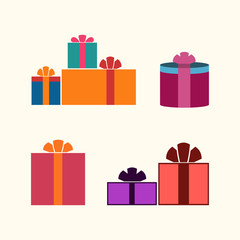 Christmas gifts ribbons icons set. Giftbox color signs decoration, isolated on white background. Flat design. Symbol of New Year celebration, presents, surprise, Xmas, holiday. Vector illustration